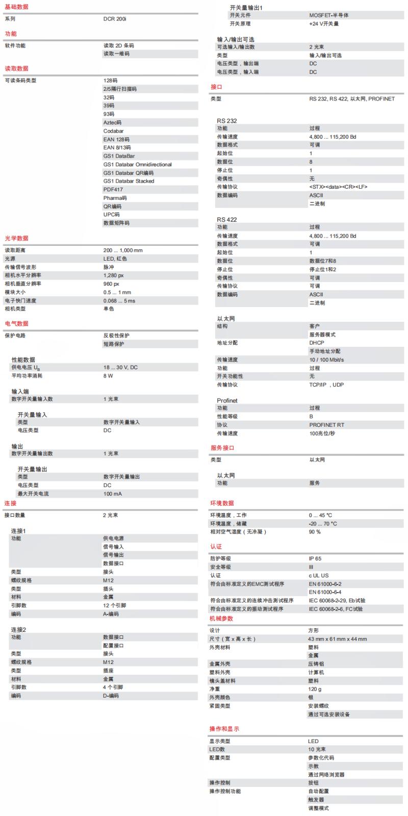 DCR 202i FIX-L2-102-R3 條碼閱讀器的技術(shù)參數(shù)明細(xì)表